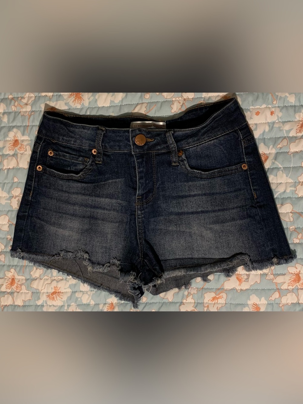 No Boundaries Dark Blue Frayed Hem Denim Shorts